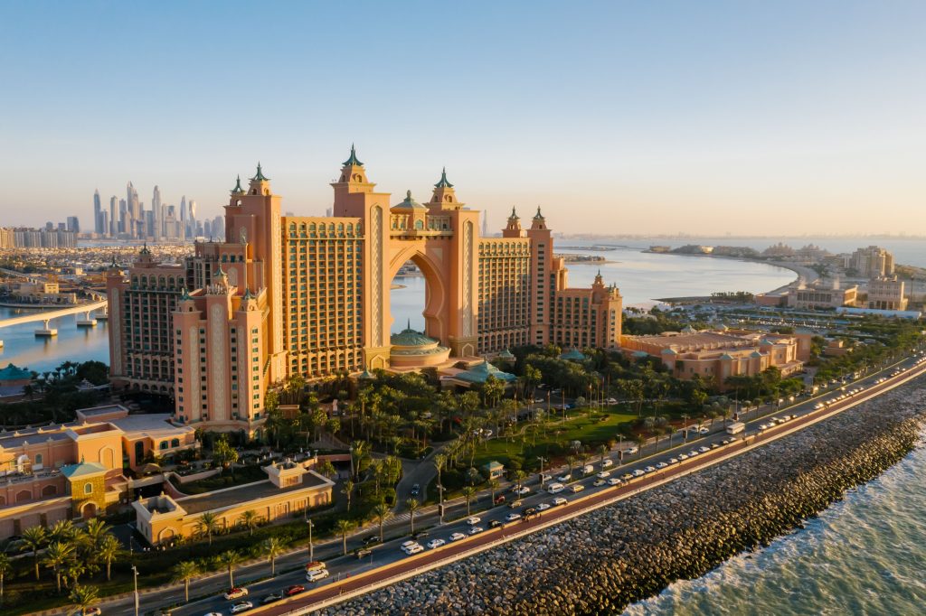 Breathtaking aerial view of Atlantis The Palm hotel in Dubai during a stunning sunset.